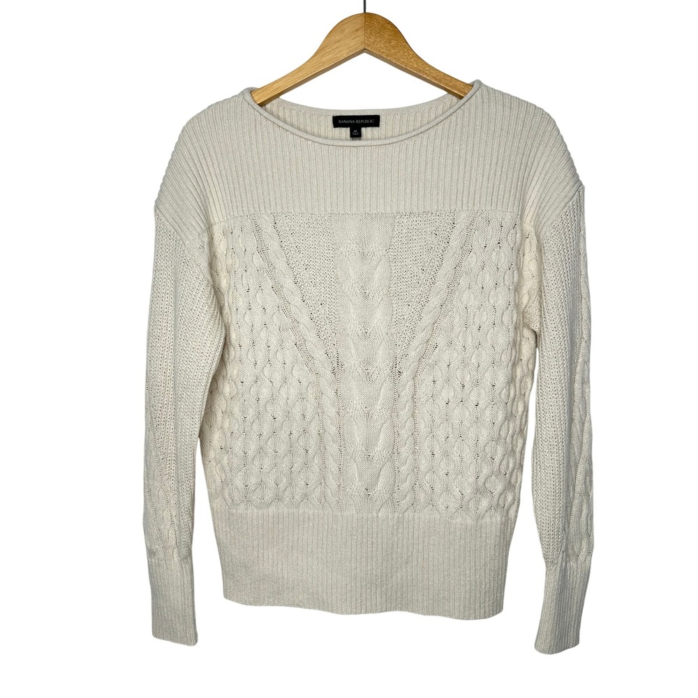 Banana Republic Cable Knit Boat Neck Sweater M Cream Supima Cotton Hemp